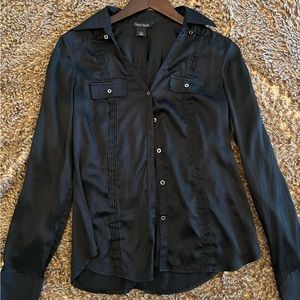 White House Black Market: Silk black button down W/ silver accents